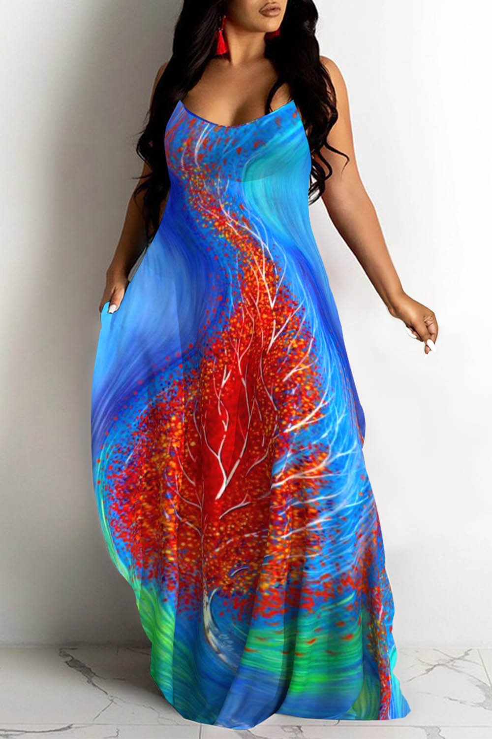 Plus Size Casual Blue Tree Print Round Neck Pocket Maxi Dress