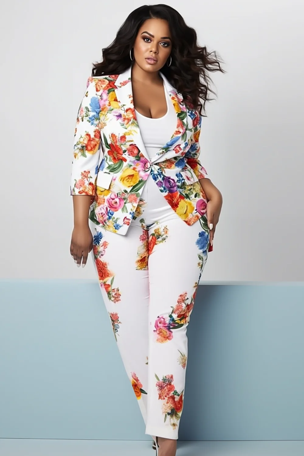 Xpluswear Design Plus Size Semi Formal Elegant White Floral Lapel Collar 3/4 Sleeve Button Knitted Two Piece Pant Sets [Pre-Order]