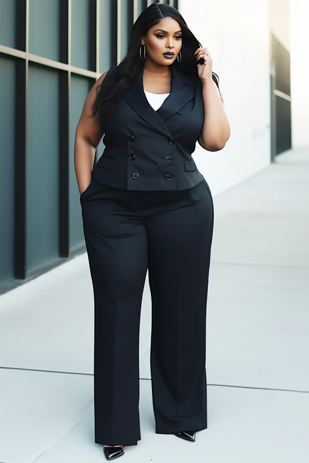 Xpluswear Design Plus Size Business Casual Black Turndown Collar Button Pocket Two Pieces Pant Suits [Pre-Order]