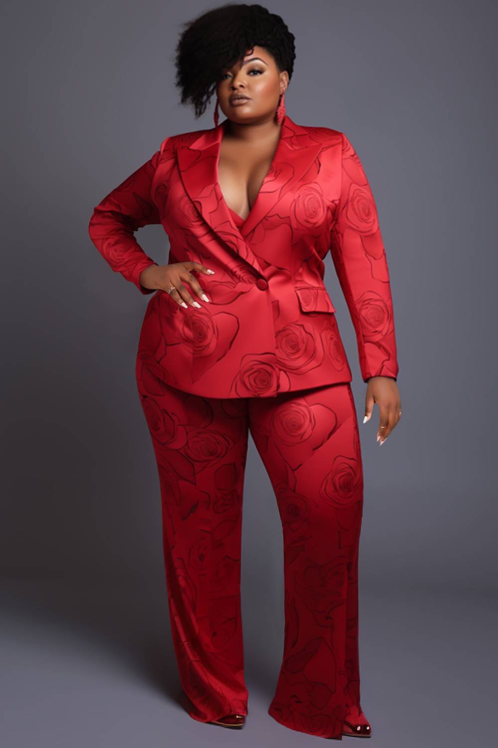 Xpluswear Design Plus Size Daily Pant Suits Casual Red Floral Spring Summer Turndown Collar Long Sleeve Satin Two Piece Suit Pant Sets