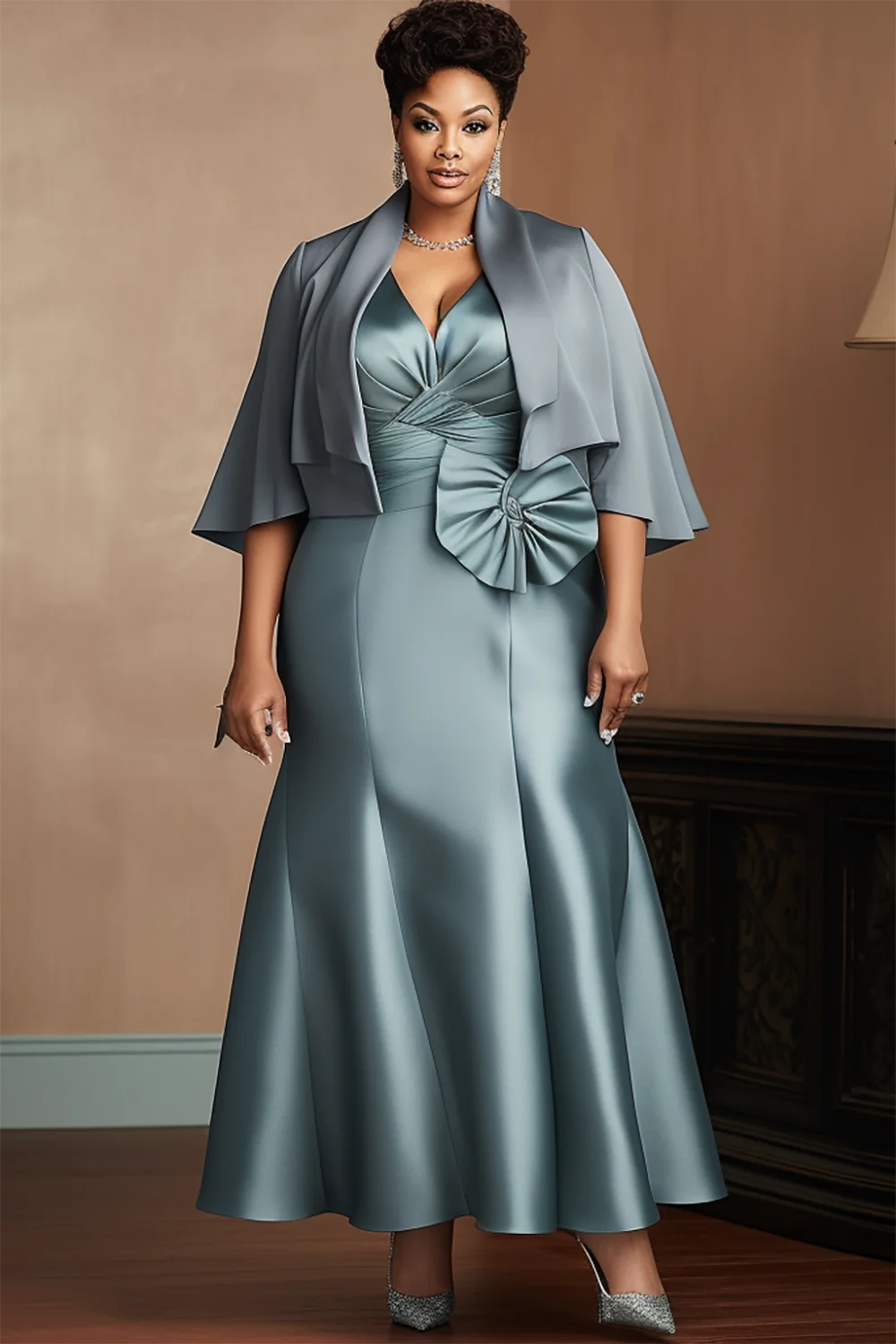 Xpluswear Design Plus Size Mother Of The Bride Elegant Light Green V Neck Cape Sleeve Half Sleeve 3D Satin Two Piece Dress Set [Pre-Order]