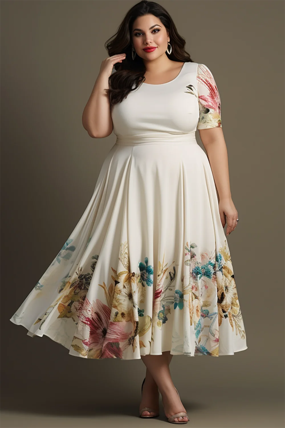 Xpluswear Design Plus Size Semi Formal White Floral Round Neck Short Sleeve Knitted Midi Dresses [Pre-Order]