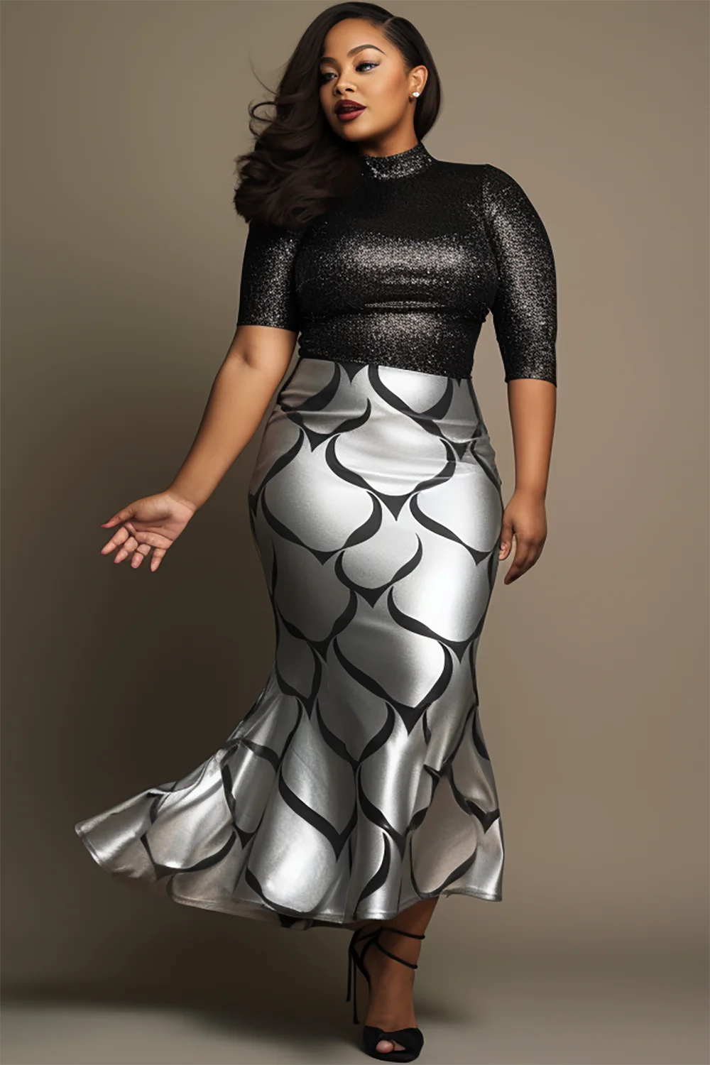 Xpluswear Design Plus Size Semi Formal Elegant Silver All Over Print Spring Summer Mermaid Metallic Skirts