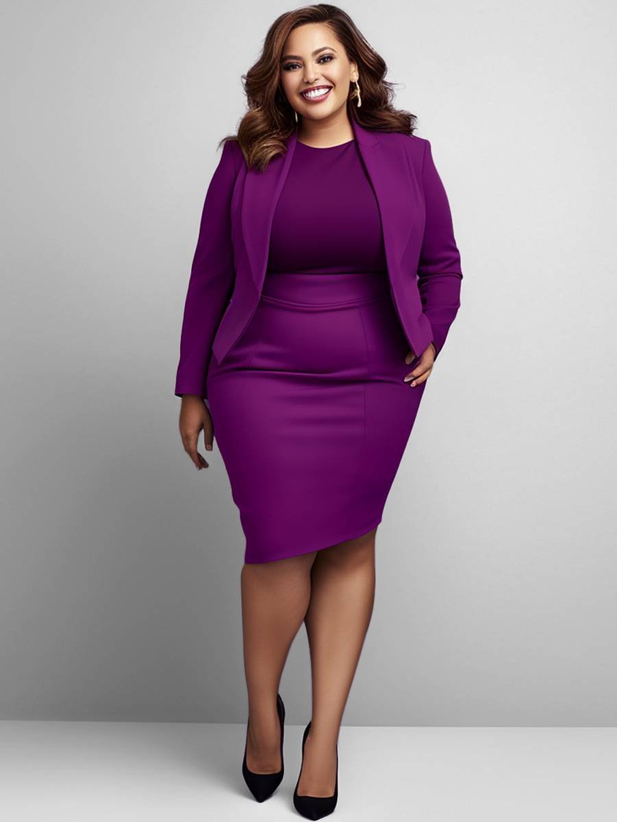 Xpluswear Design Plus Size Semi Formal Elegant Purple Spring Summer Turndown Collar Long Sleeve Three Piece Dress Sets