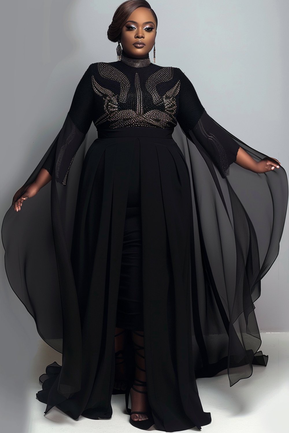 Xpluswear Design Plus Size Evening Black Mock Neck 3/4 Sleeve Tulle Two Piece Skirt Sets [Pre-Order]