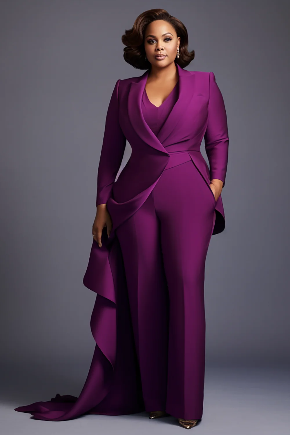 Xpluswear Design Plus Size Mother Of The Bride Elegant Purple Turndown Collar Long Sleeve Flounce Pockets Two Piece Pant Sets