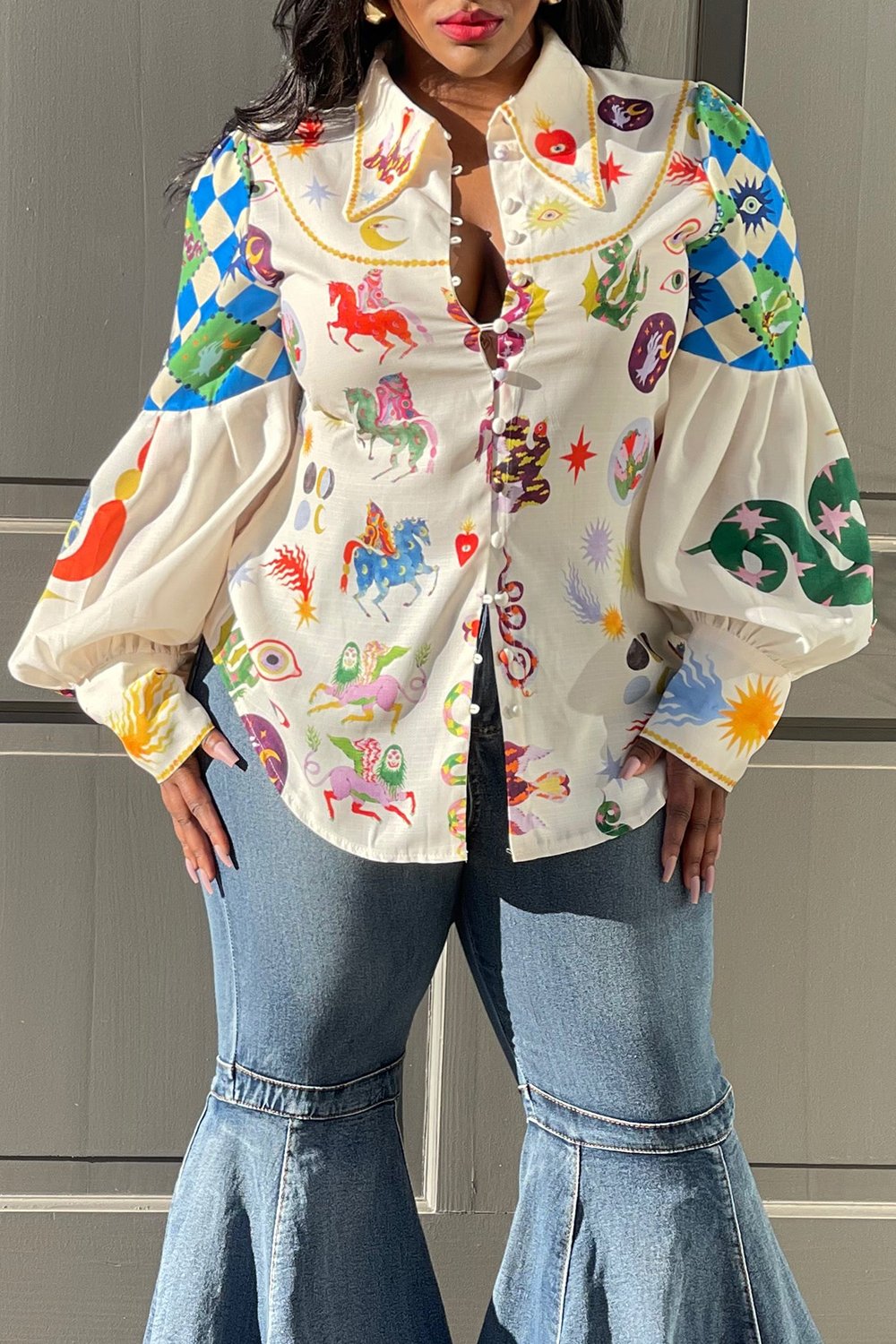 Plus Size African Casual Blouse Beige Pattern Print Balloon Sleeves Pointed Collar Blouse