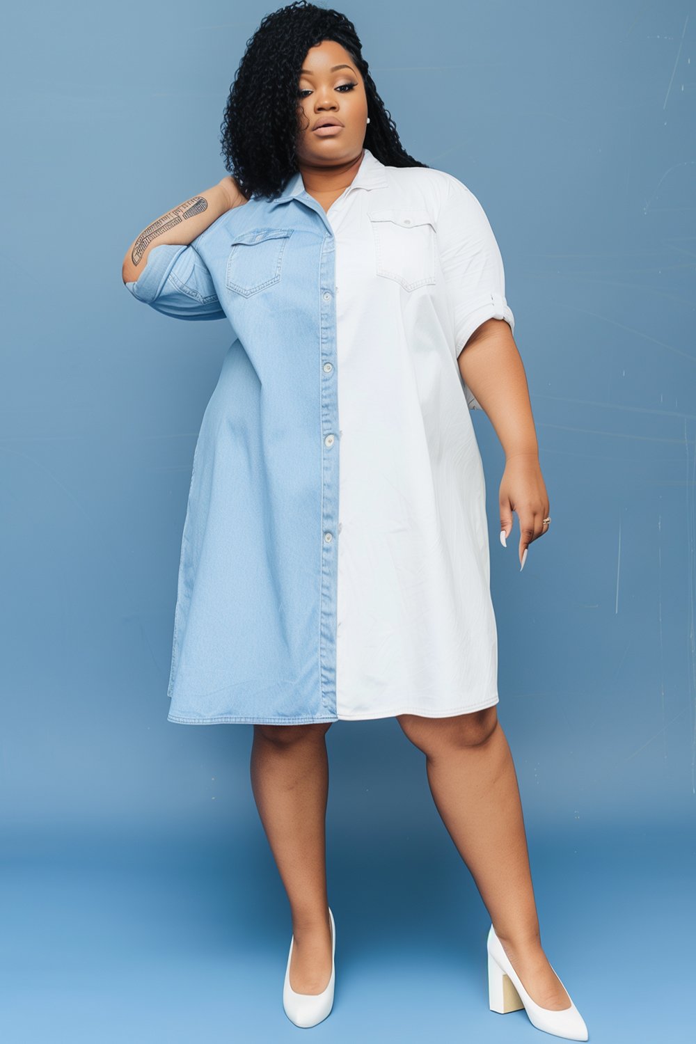 Xpluswear Design Plus Size Daily Light Blue Patchwork Shirt Collar 3/4 Sleeve Contrast Button Tencel Denim Shirt Dresses [Pre-Order]