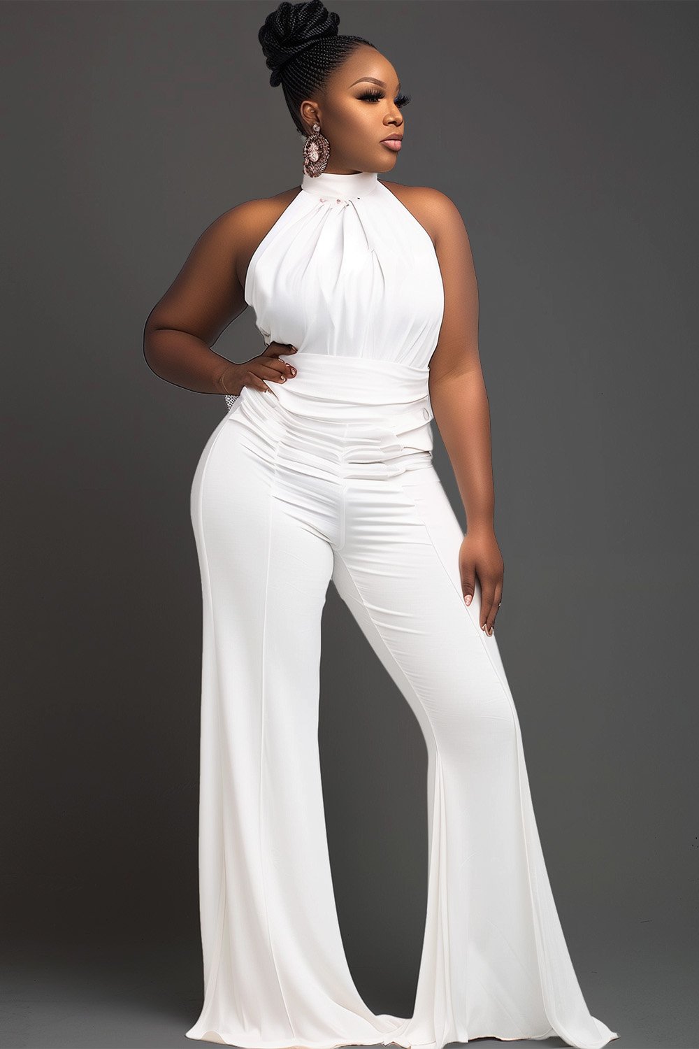 Xpluswear Design Plus Size Daily White Halter Collar Wide Leg Jumpsuits [Pre-Order]