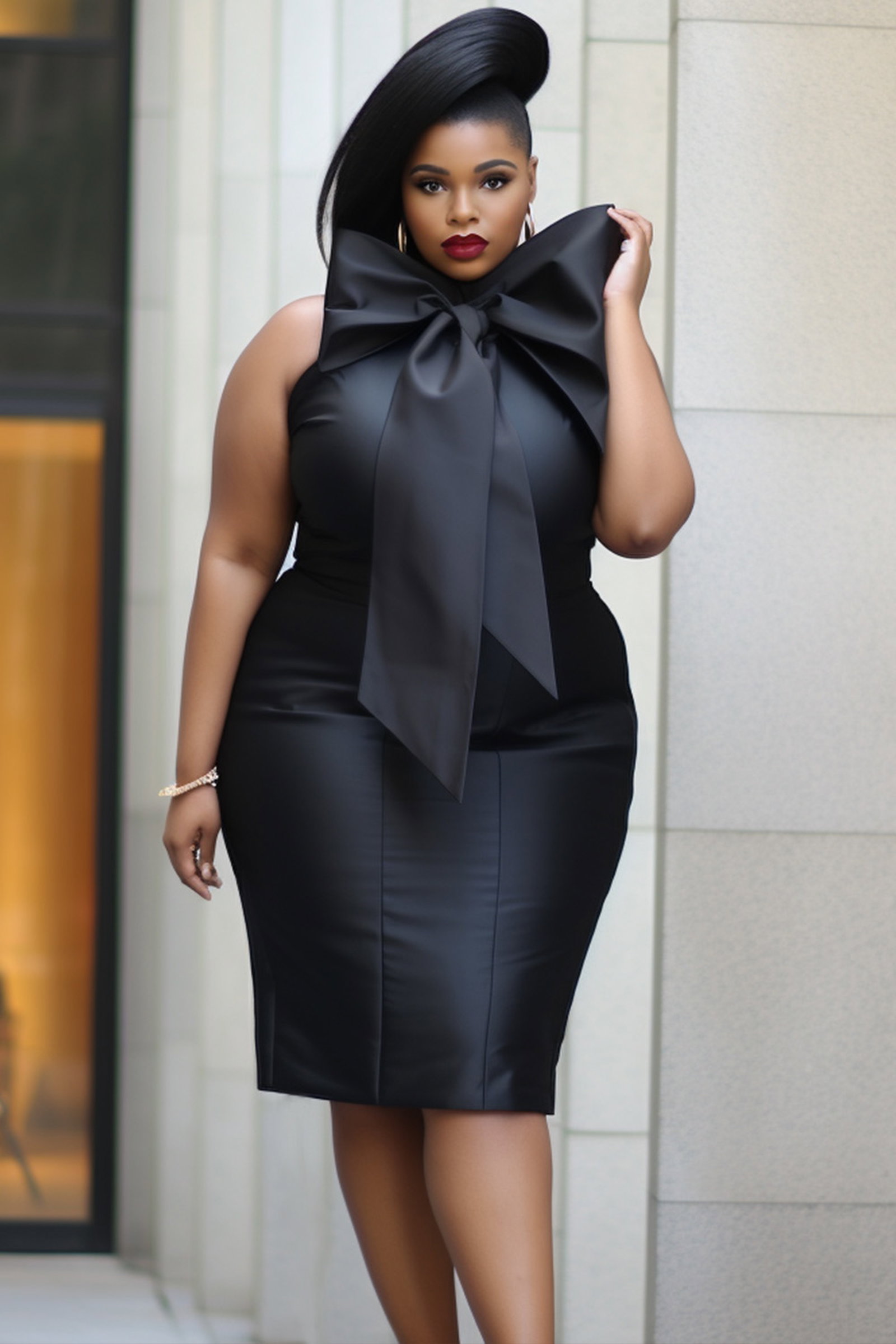 Xpluswear Design Plus Size Business Casual Black Bow Tie Split Satin Midi Dresses [Pre-Order]