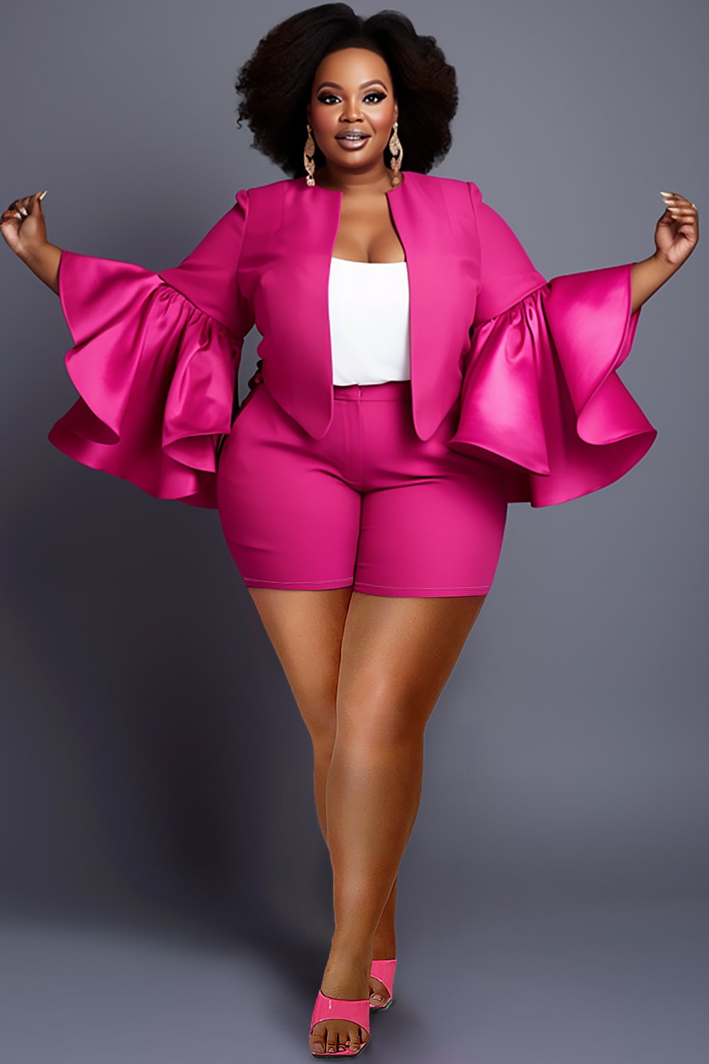 Xpluswear Design Plus Size Business Casual Magenta Round Neck Flare Long Sleeve Ruffle Satin Two Piece Short Set [Pre-Order]