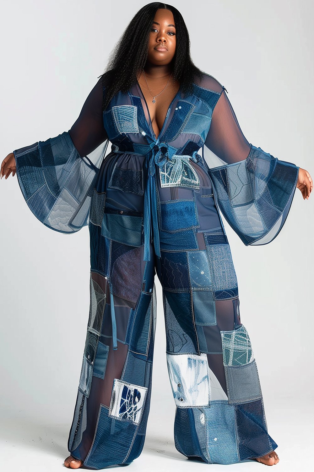 Xpluswear Design Plus Size Daily Blue Denim Print V Neck Long Sleeve See Through Wrap Jumpsuits [Pre-Order]