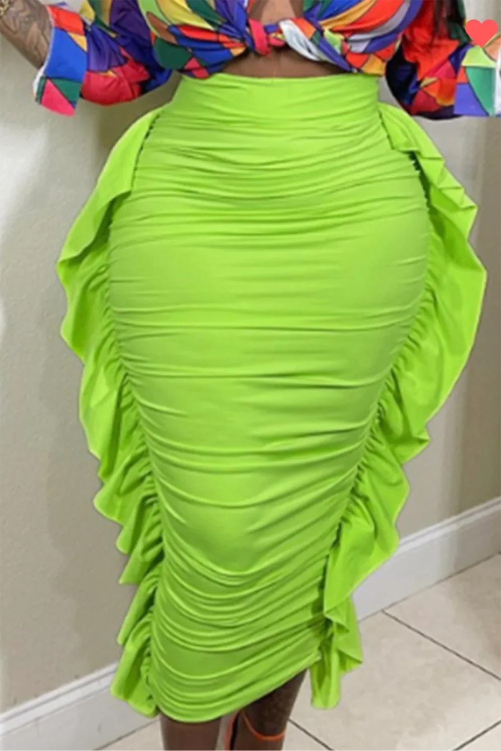 Plus Size Daily Fluorescent Green Bodycon Ruffle Knitted Midi Skirts [Pre-Order]