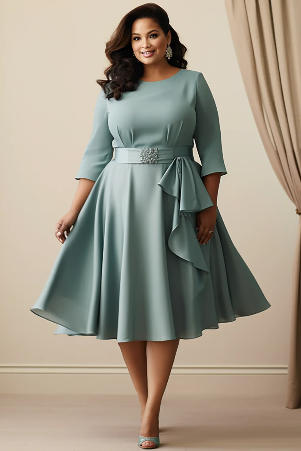 Xpluswear Design Plus Size Mother Of The Bride Green Round Neck 3/4 Sleeve Bow Tie Chiffon Midi Dresses [Pre-Order]