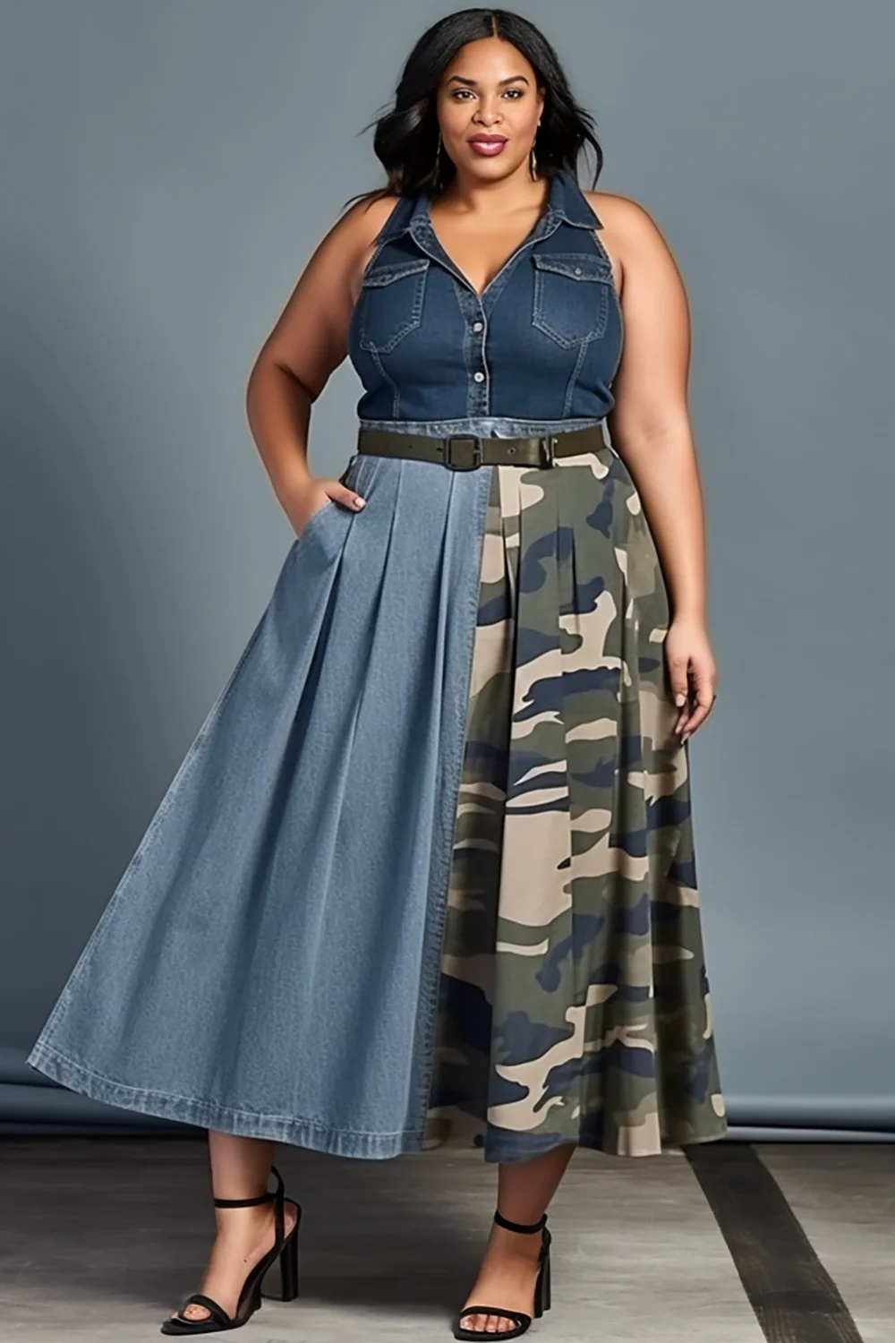 Xpluswear Design Plus Size Daily Light Blue Camo Halter Collar Contrast Pleated Pocket Tencel Denim Midi Dresses [Pre-Order]