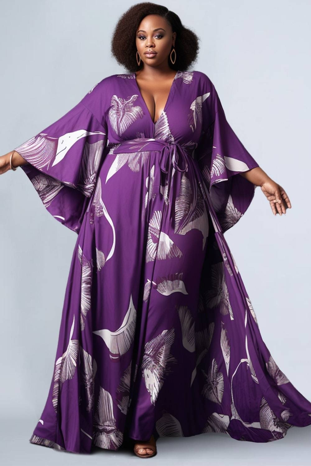 Xpluswear Design Plus Size Purple All Over Print V Neck Flare 3/4 Sleeve Lace Up Chiffon Maxi Dresses [Pre-Order]