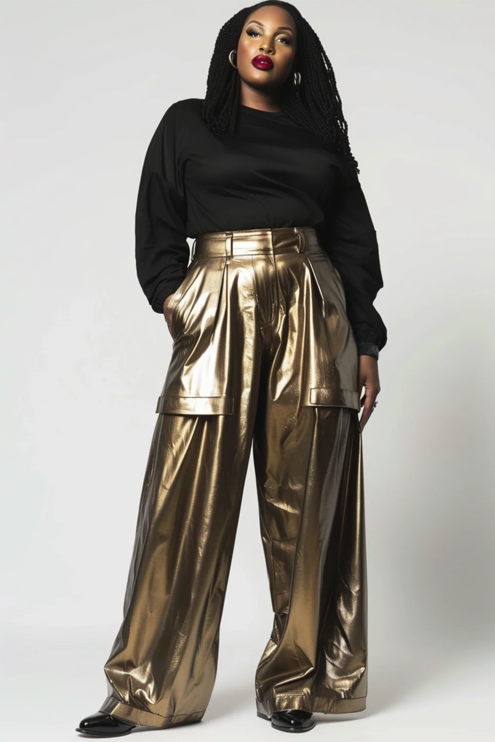 Xpluswear Design Plus Size Daily Bronze Glitter Metallic With Pockets Wide Leg Pants [Pre-Order]