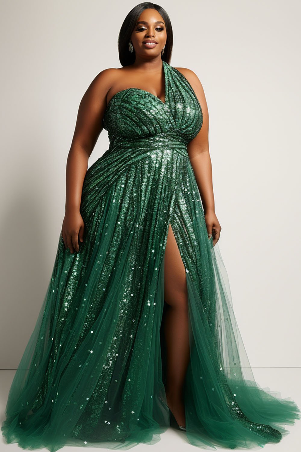 Xpluswear Design Plus Size Evening Elegant Green One Shoulder Sequin Split Tulle Maxi Dresses [Pre-Order]