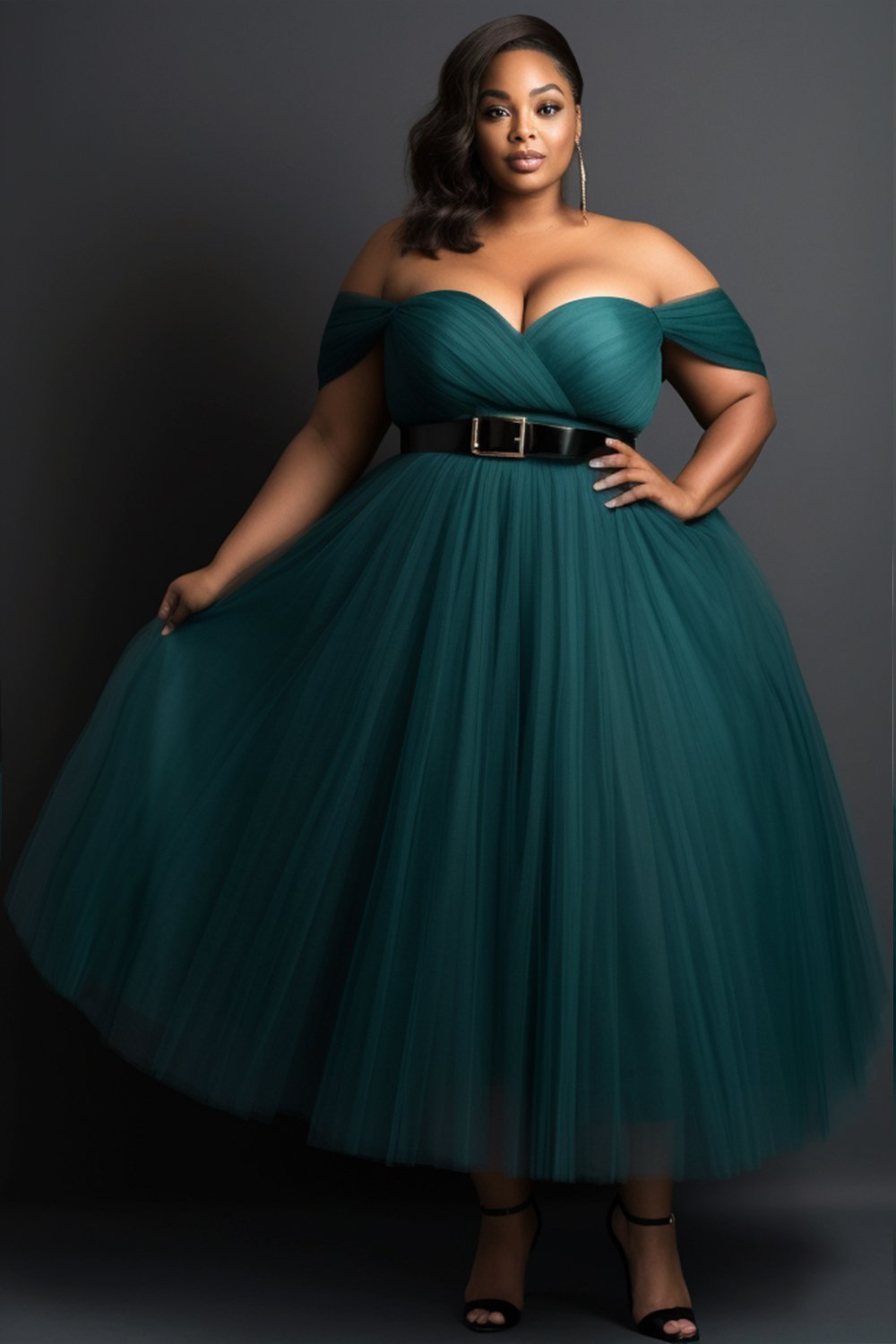 Xpluswear Design Plus Size Prom Elegant Emerald Green Off The Shoulder Fold Tulle Midi Dresses (Without Belt) [Pre-Order]