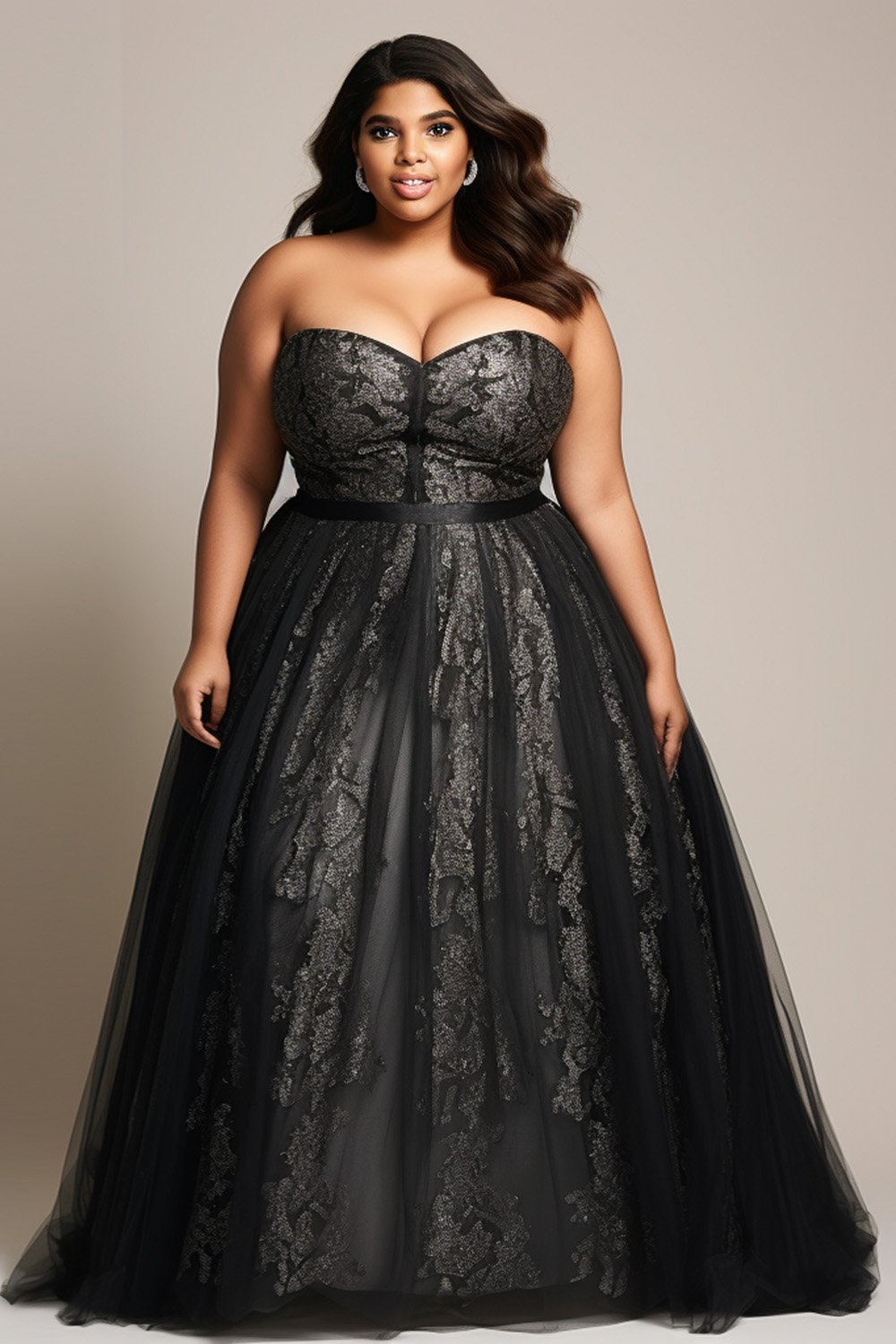 Xpluswear Design Plus Size Evening Elegant Black Strapless Tulle Maxi Dresses [Pre-Order]