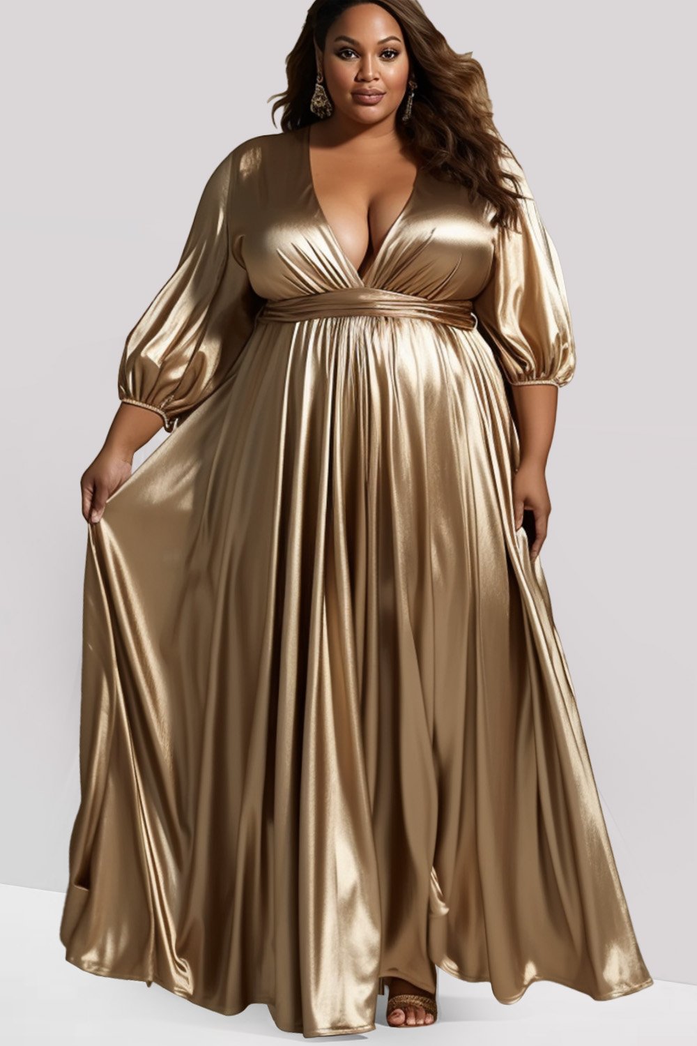 Xpluswear Design Plus Size Formal Maxi Dresses Elegant Gold Fall Winter Wrap Neck 3/4 Sleeve Pleated Metallic Glitter Fabric Maxi Dresses [Pre-Order]
