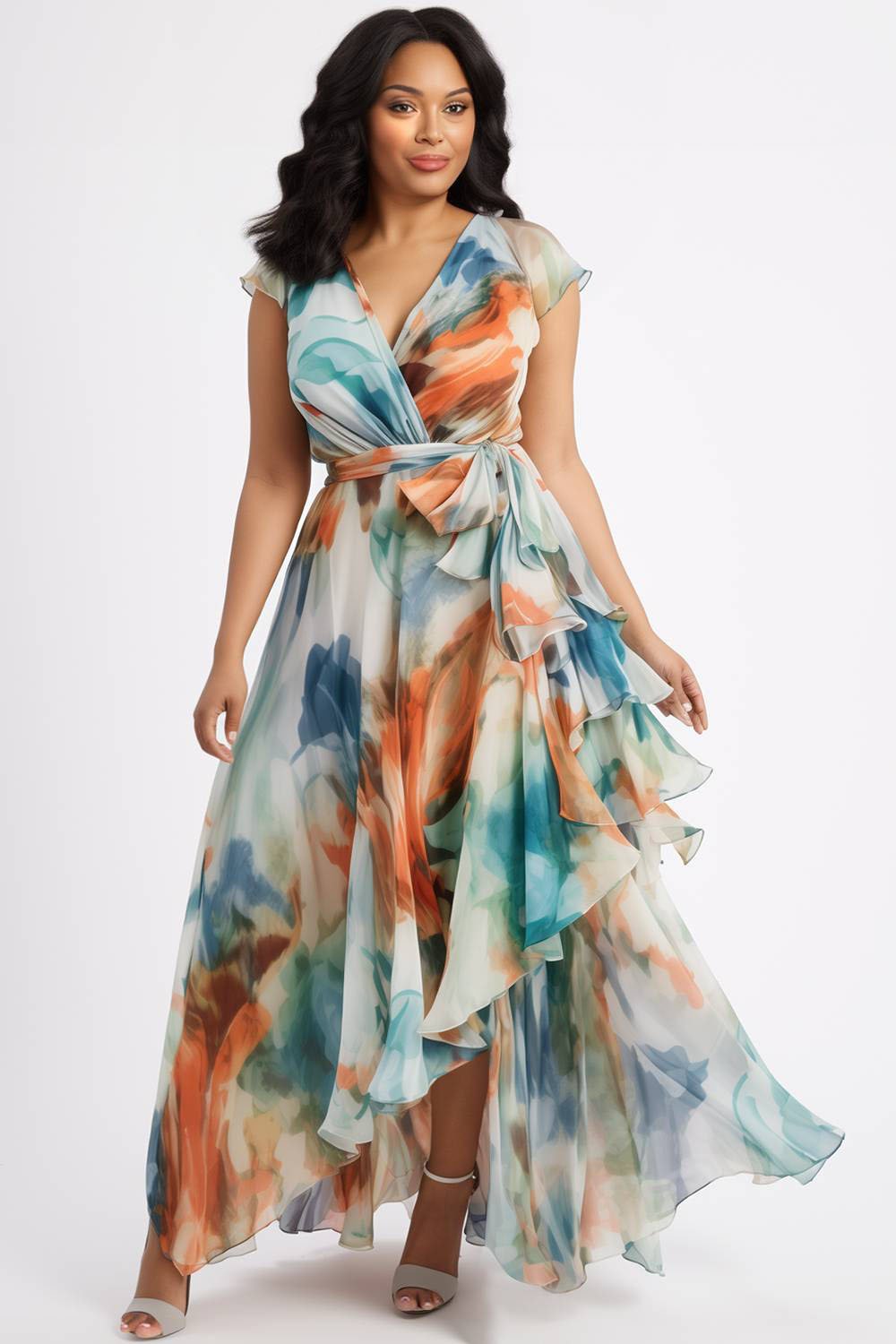 Xpluswear Design Plus Size Semi Formal Multicolor All Over Print Wrap Neck Short Sleeve Ruffle Irregular Hem Chiffon Maxi Dresses [Pre-Order]