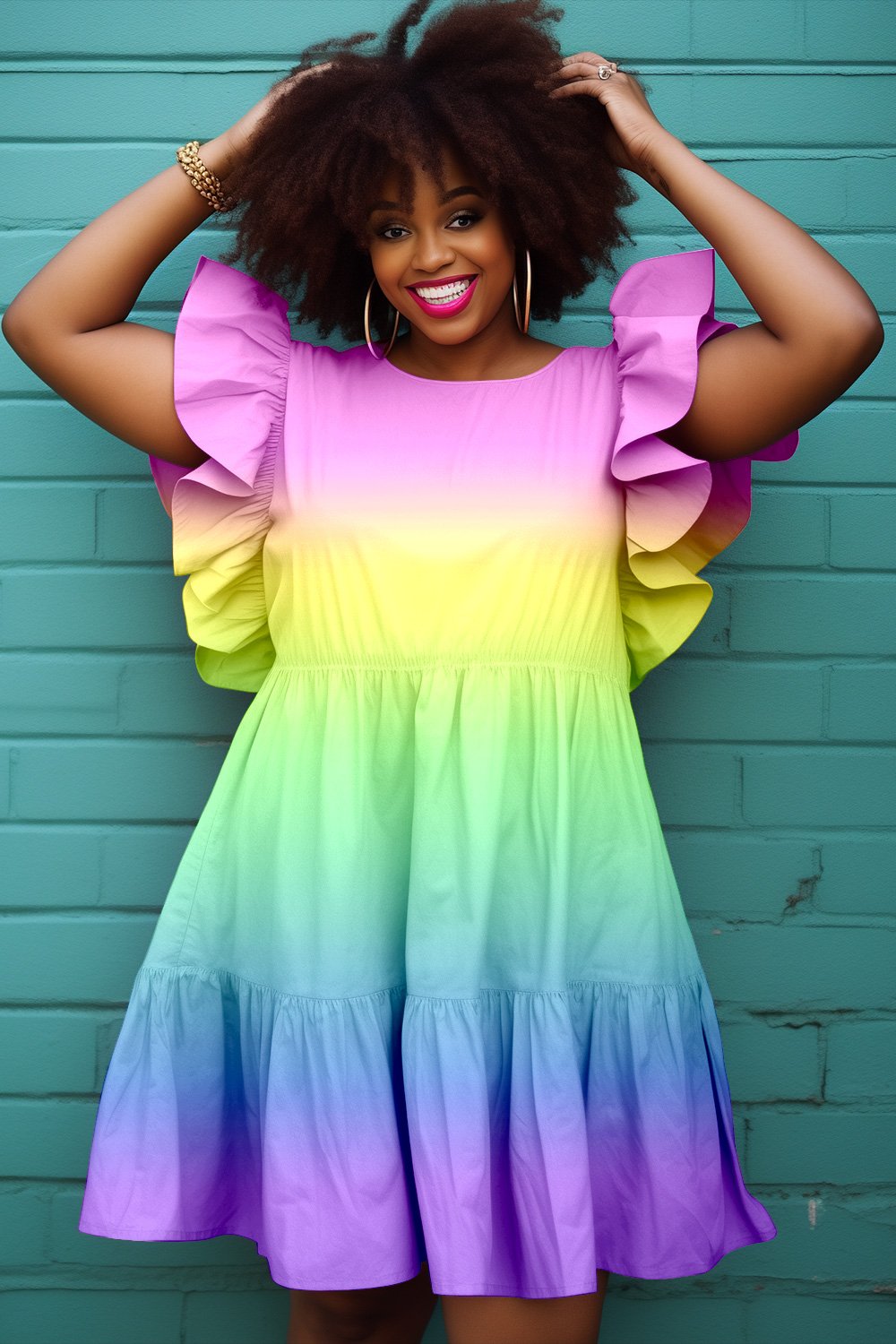 Plus Size Daily Rainbow Gradient Ruffled Doll Mini Dress [Pre-Order]