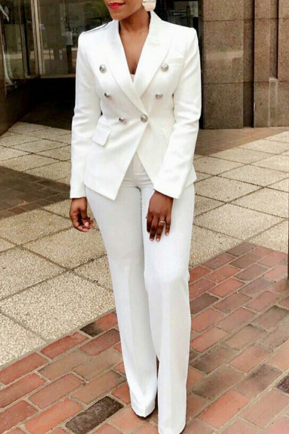 Plus Size Business Casual Pant Set White Lapel Collar Double Breasted High Waist Two Piece Pant Set With Pocket