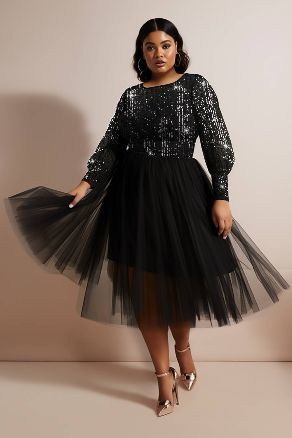 Xpluswear Design Plus Size Party Midi Dresses Elegant Black Spring Summer Round Neck Lantern Sleeve Long Sleeve Contrast Sequin Tulle Midi Dresses [Pre-Order]