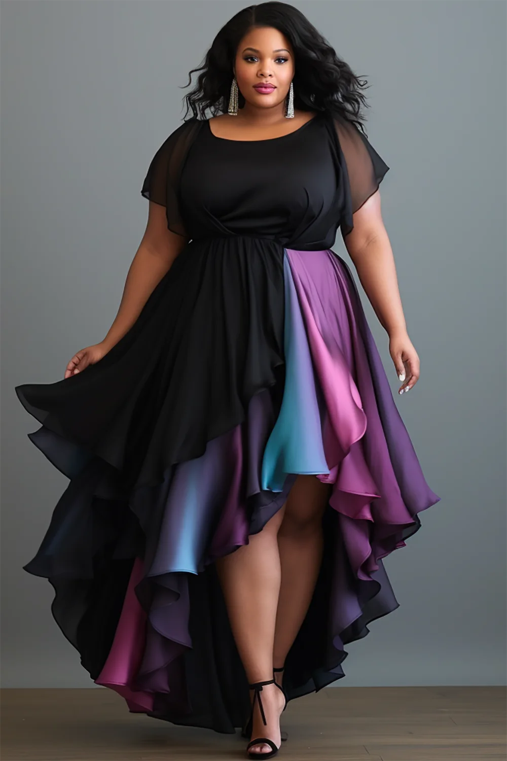 Xpluswear Design Plus Size Wedding Guest Purple Round Neck Asymmetric Hem Midi Dresses [Pre-Order]