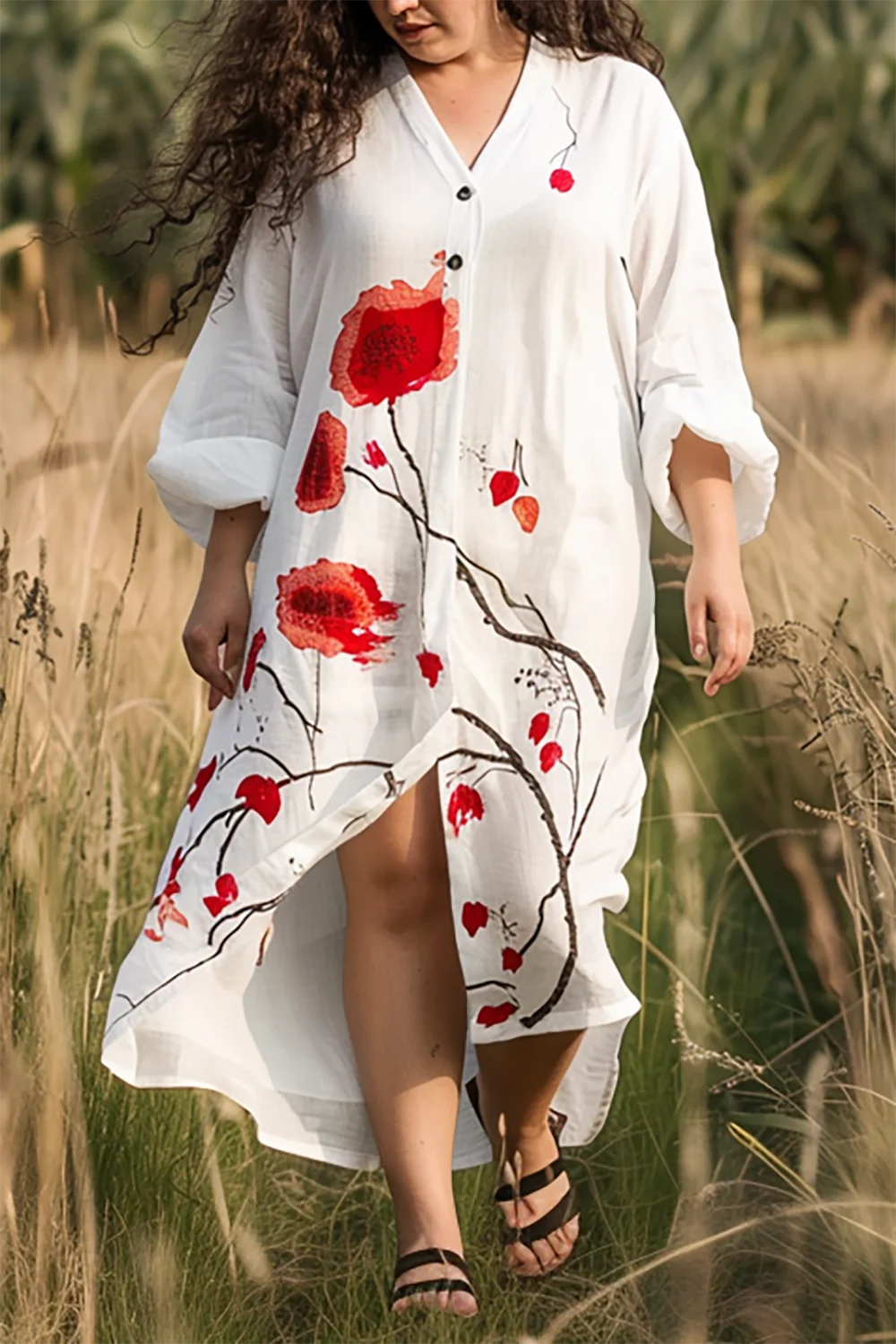 Xpluswear Design Plus Size Casual White Floral V Neck Long Sleeve Linen Maxi Dresses [Pre-Order]