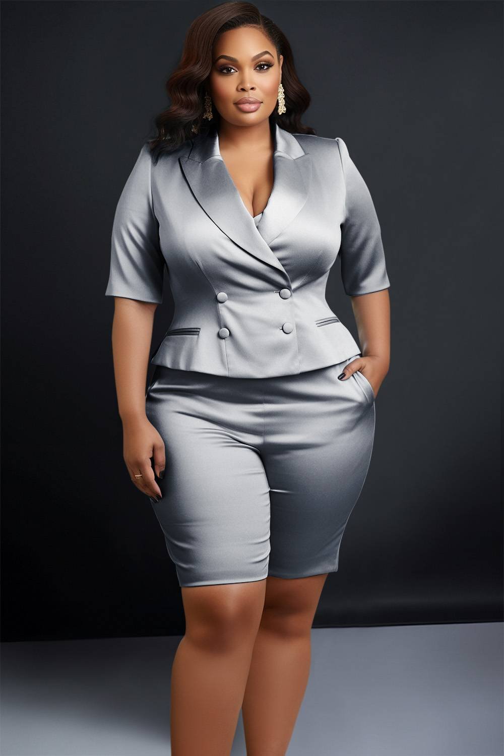 Xpluswear Design Plus Size Semi Formal Gray Lapel Collar Short Sleeve Satin Two Piece Short Sets [Pre-Order]