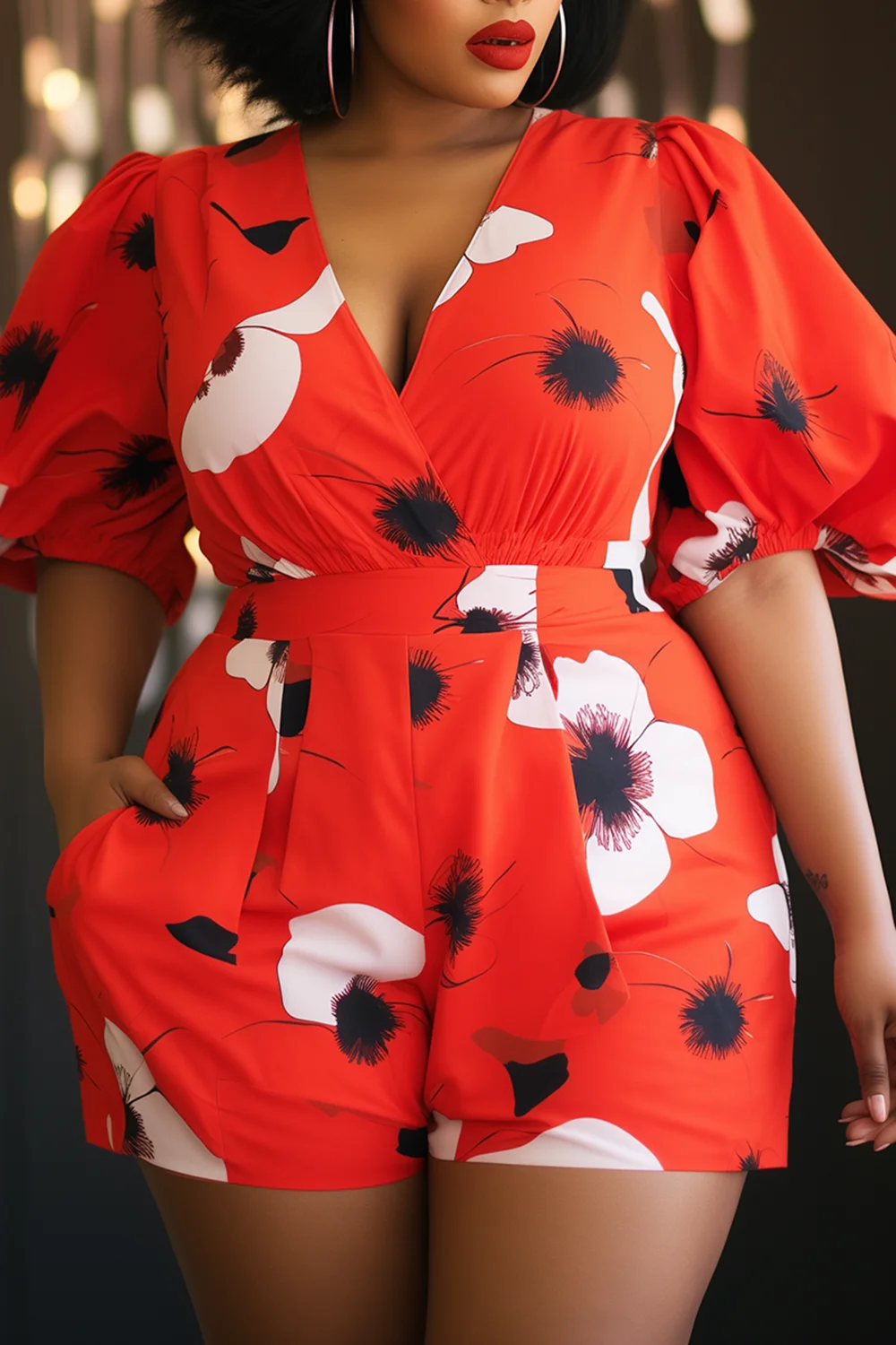 Xpluswear Design Plus Size Vacation Red Floral Wrap Neck Puff Sleeve Half Sleeve Pocket Rompers [Pre-Order]