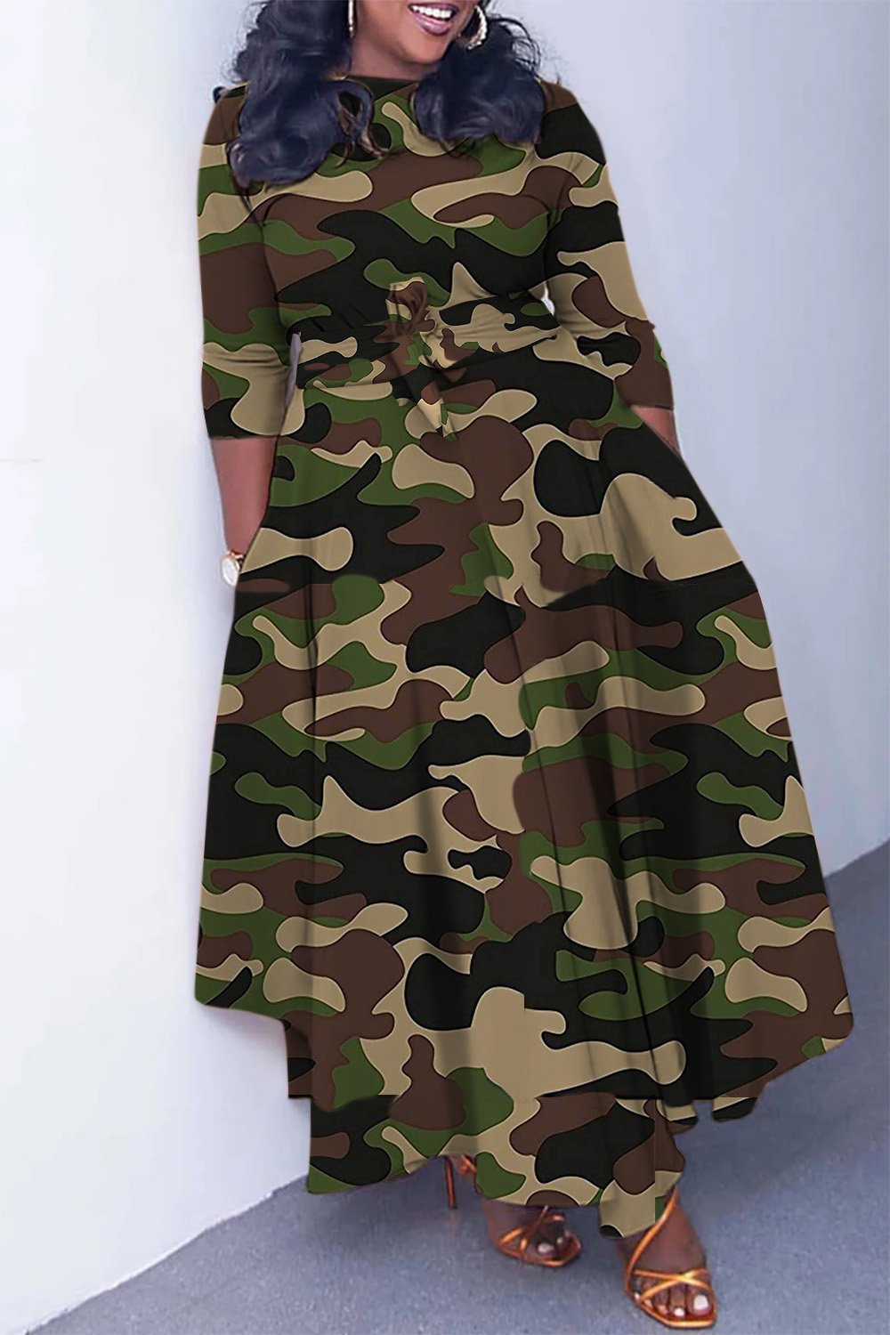 Plus Size Daily Dress Army Green Camo Round Neck Knitted Maxi Dress