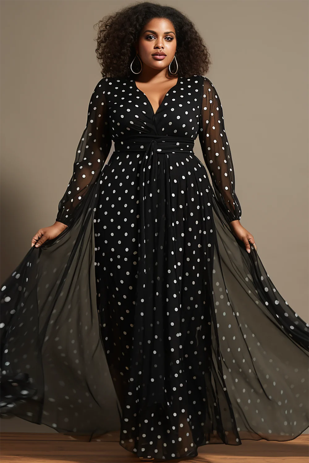 Xpluswear Design Plus Size Semi Formal Maxi Dresses Elegant Black Polka Dot Fall Winter V Neck Long Sleeve See Through Chiffon Maxi Dresses [Pre-Order]