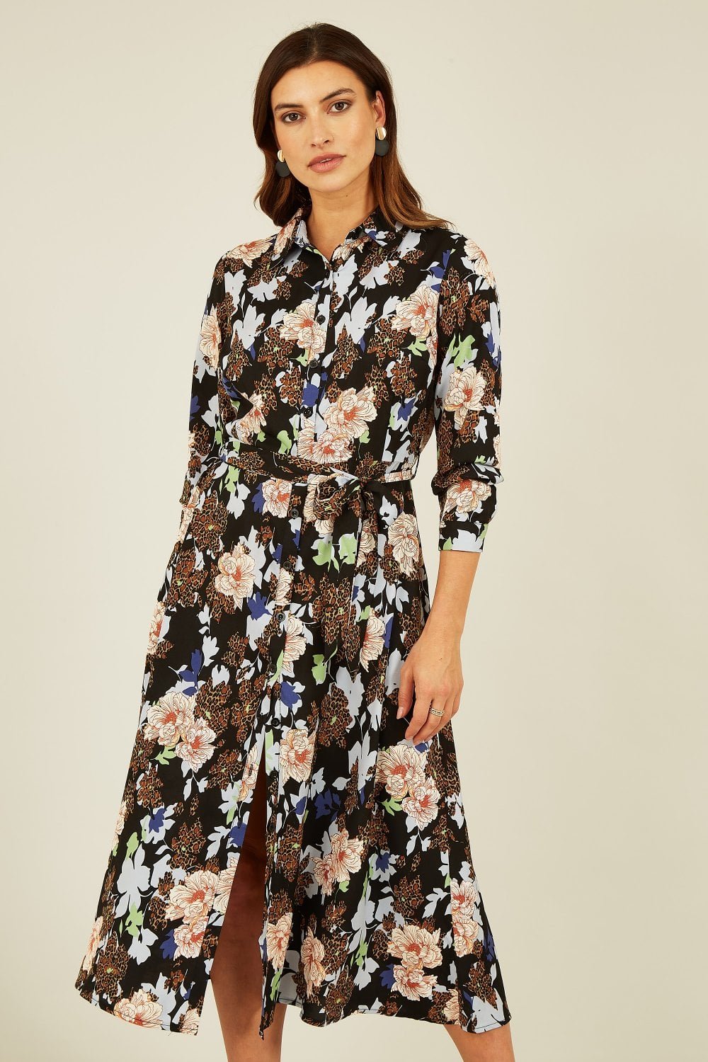 Image of Mela Black Floral and Animal Print Long Sleeve Midi Shirt Dress