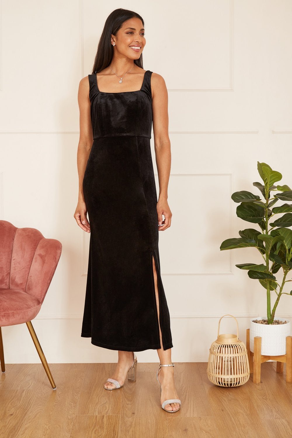 Image of Mela Black Velvet Fitted Midi Dress