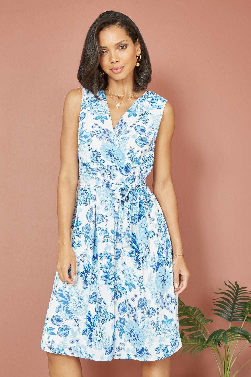 Image of Mela Blue Floral Wrap Over Skater Dress