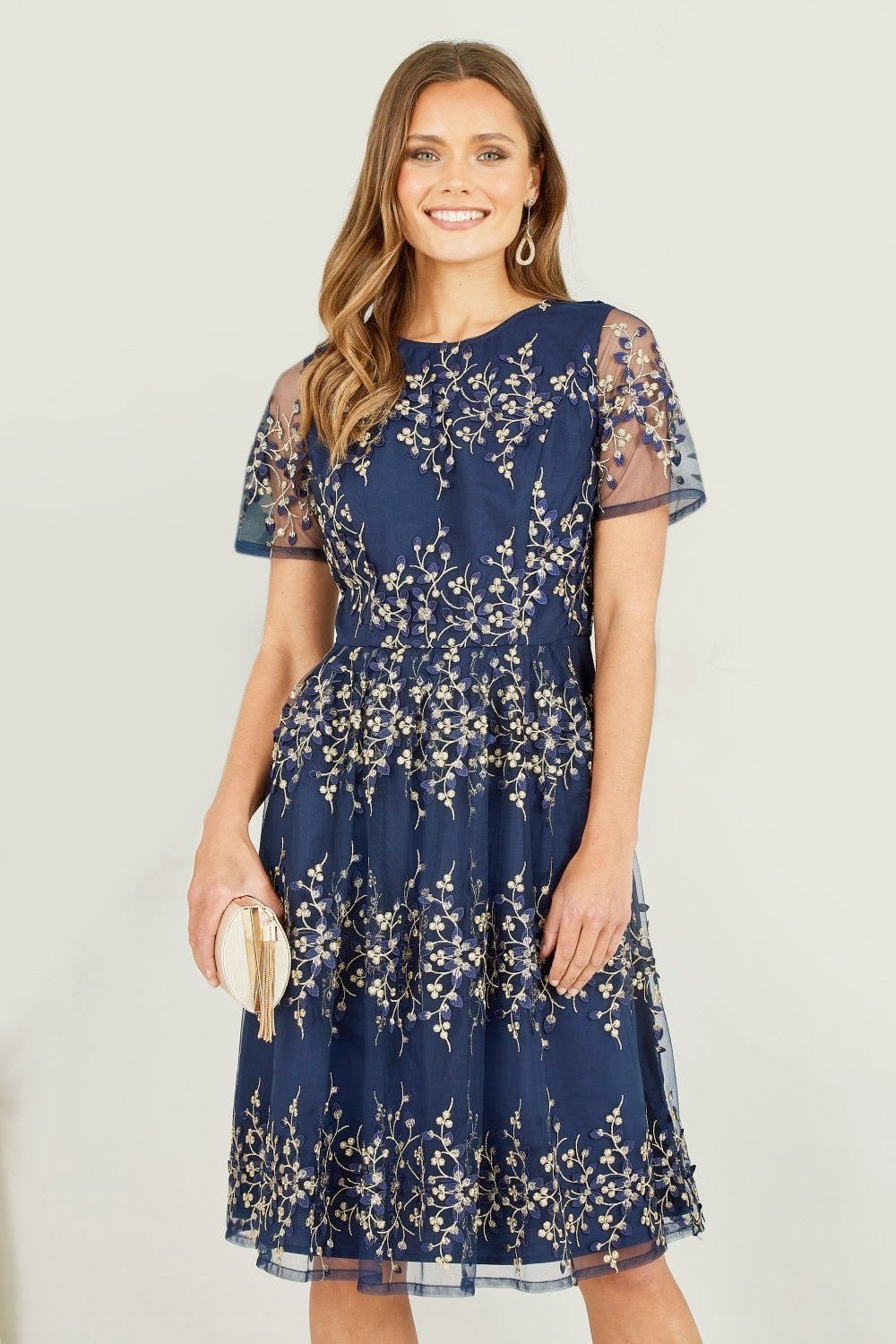 Image of Yumi Navy Embroidered Mesh Prom Dress