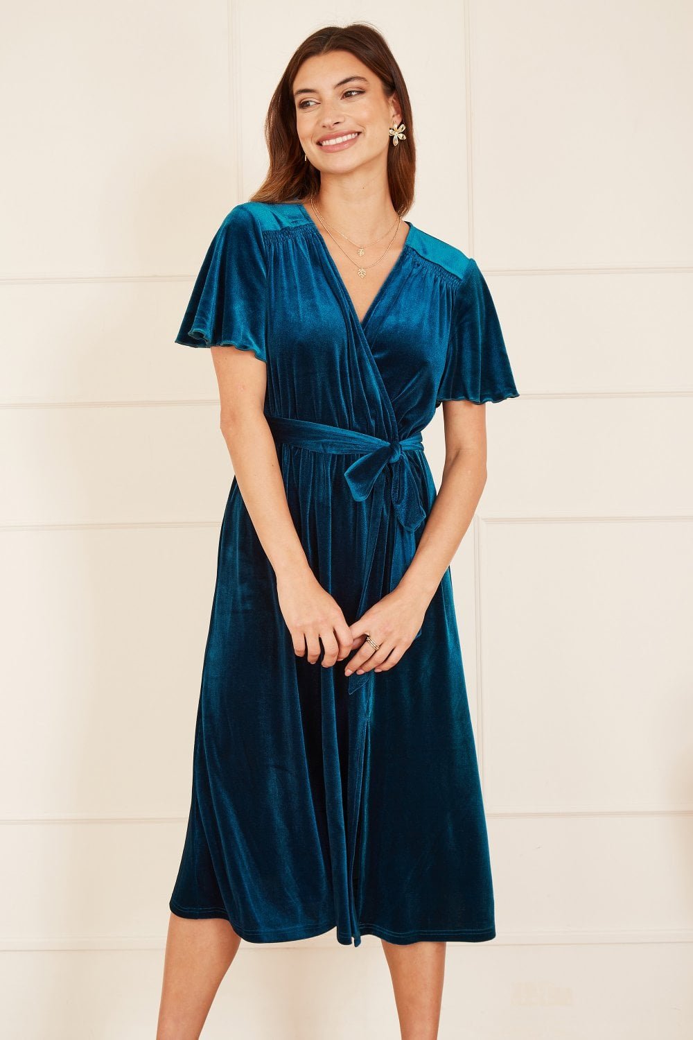 Image of Yumi Teal Wrap Over Midi Dress With Angel Sleeves and Split Hem