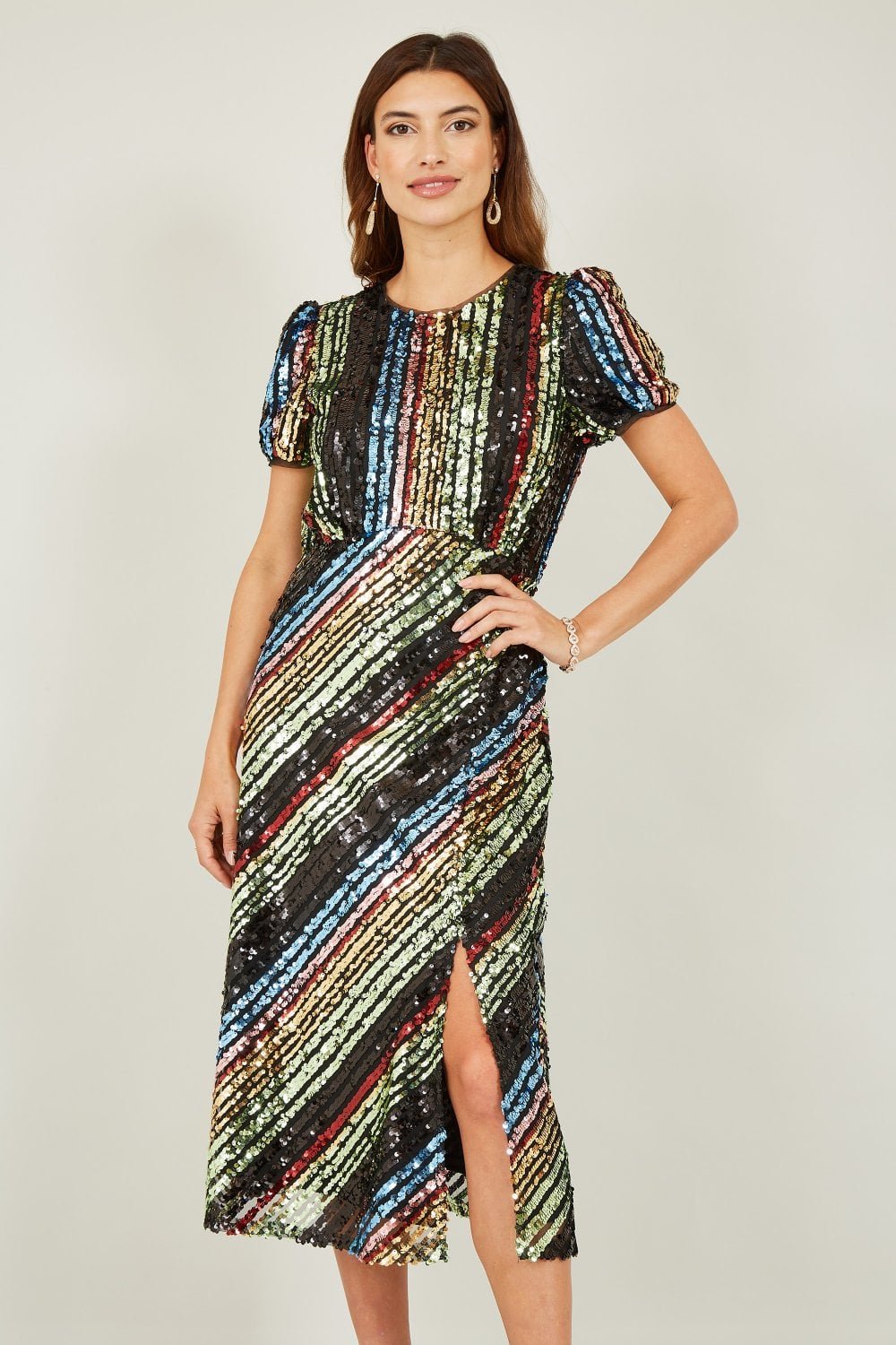 Image of Yumi Multicolour Rainbow Stripe Sequin Midi Dress