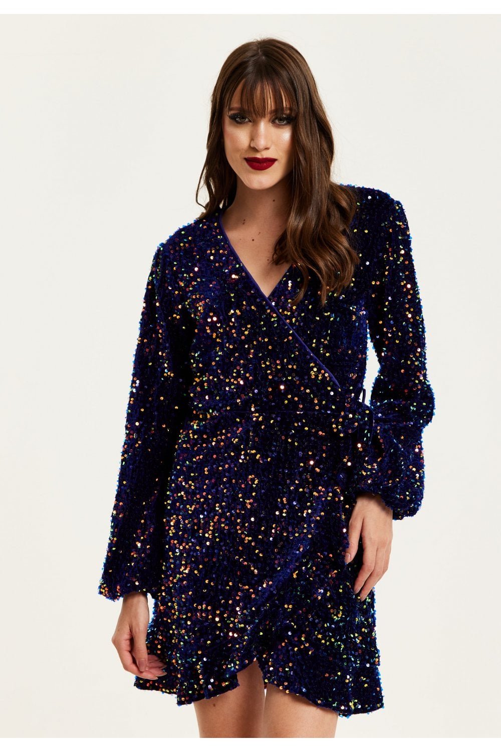 Image of Liquorish Royal Blue Velvet Based Multicolour Sequin Mini Wrap Dress