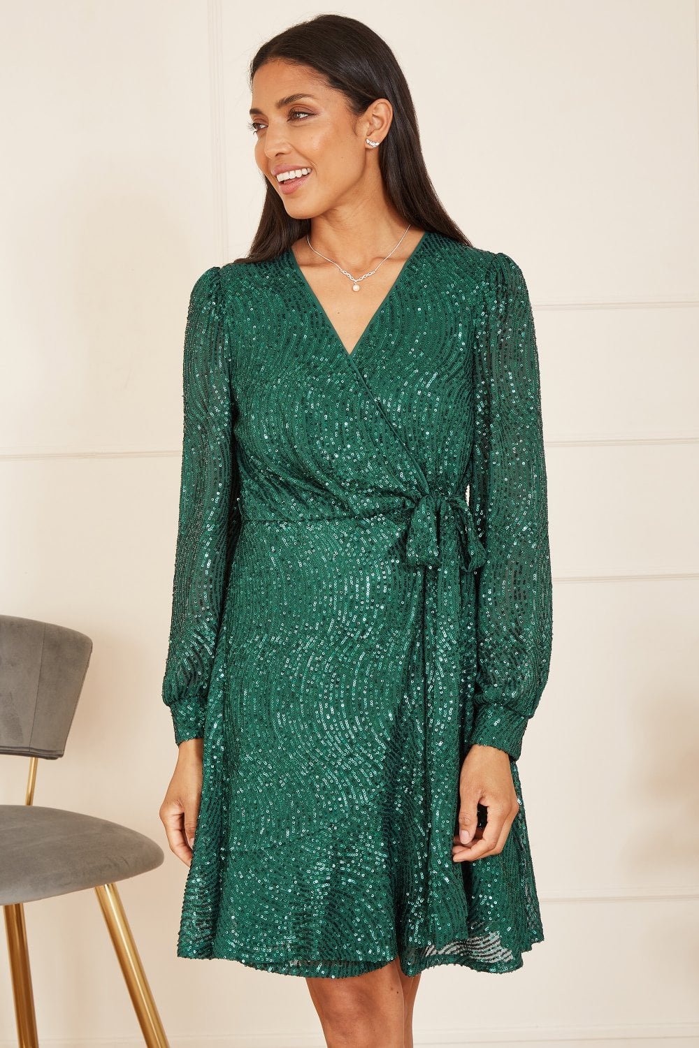 Image of Mela Green Sequin Long Sleeve Frill Wrap Dress