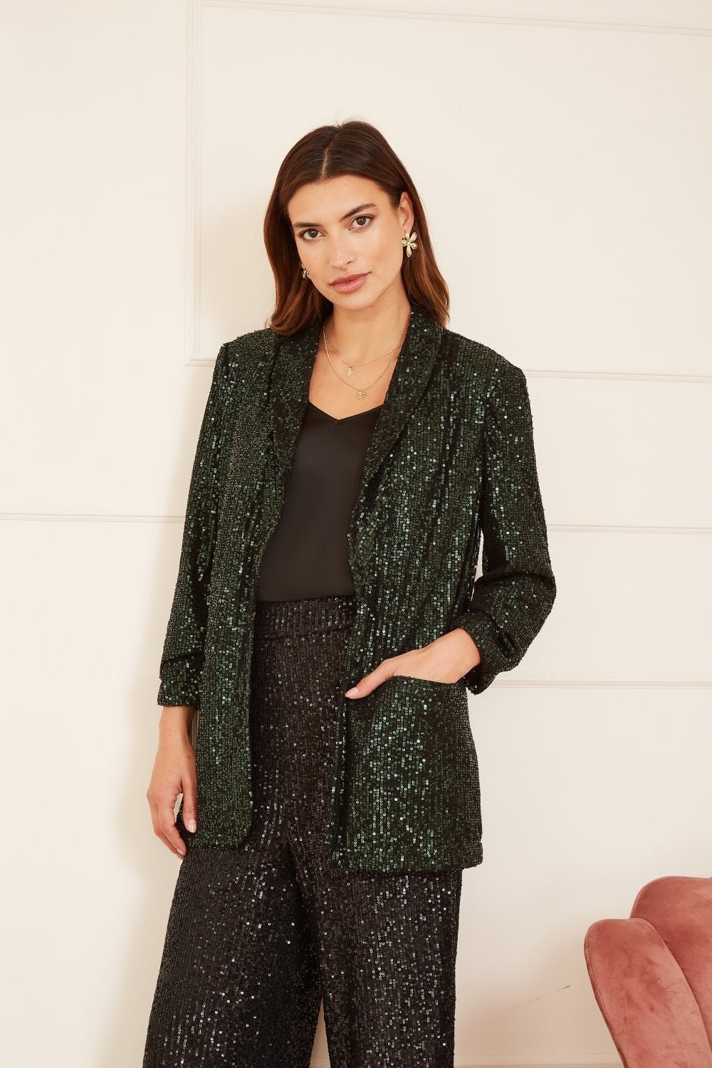 Image of Yumi Green Sequin Blazer With Pockets