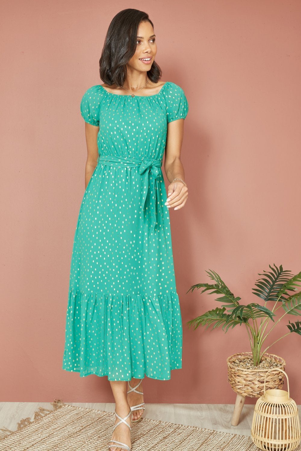 Image of Mela Green Foil Print Bardot Midi Dress