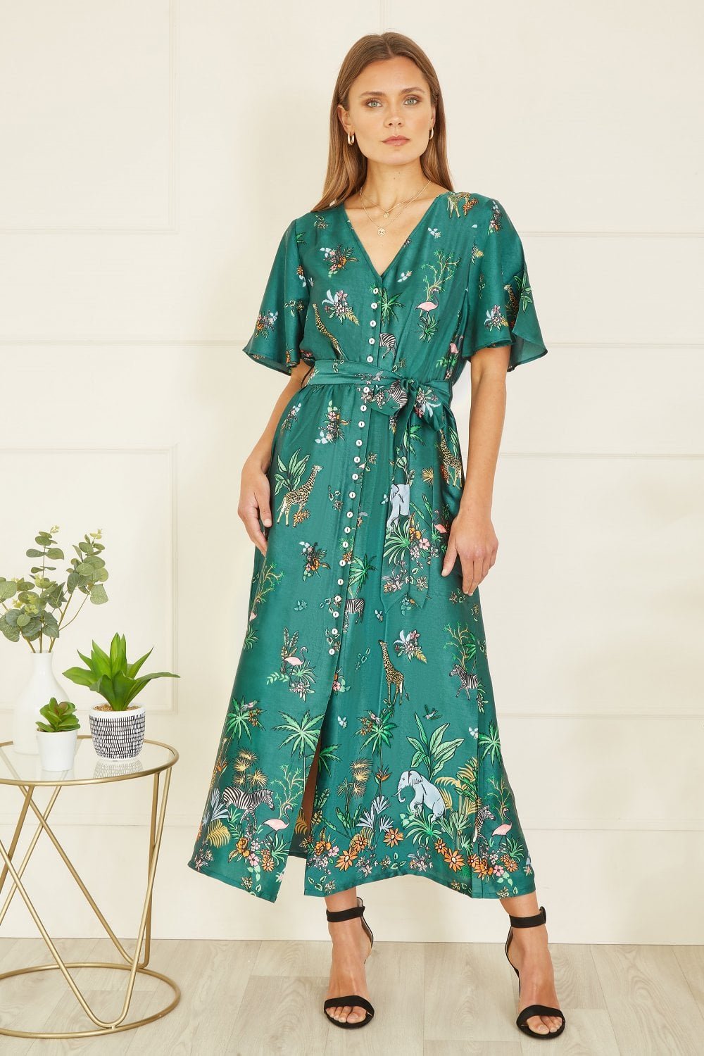 Image of Yumi Green Satin Animal Safari Print Midi Shirt Dress