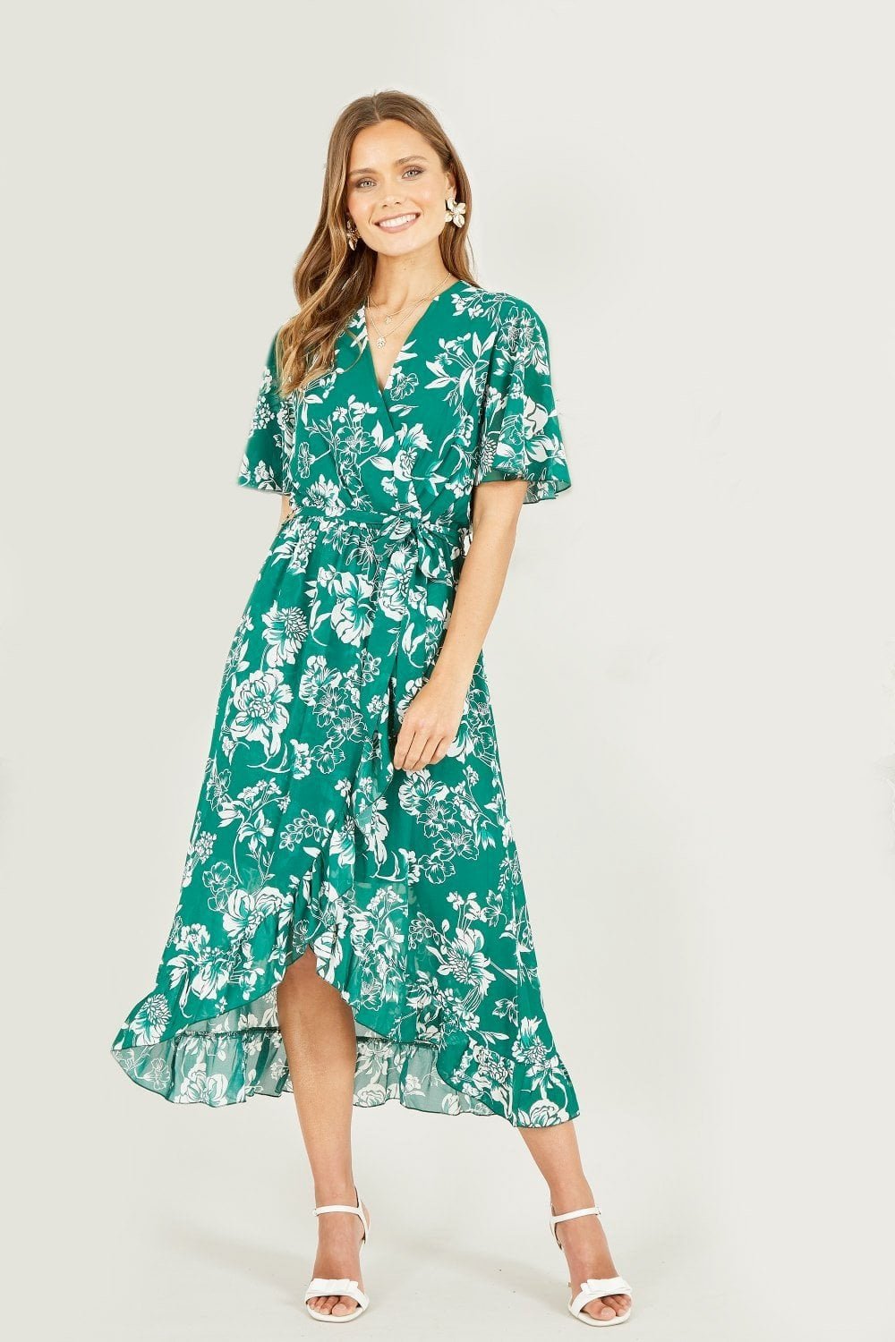 Image of Mela Green Floral Wrap Midi Dress With Frill Detail