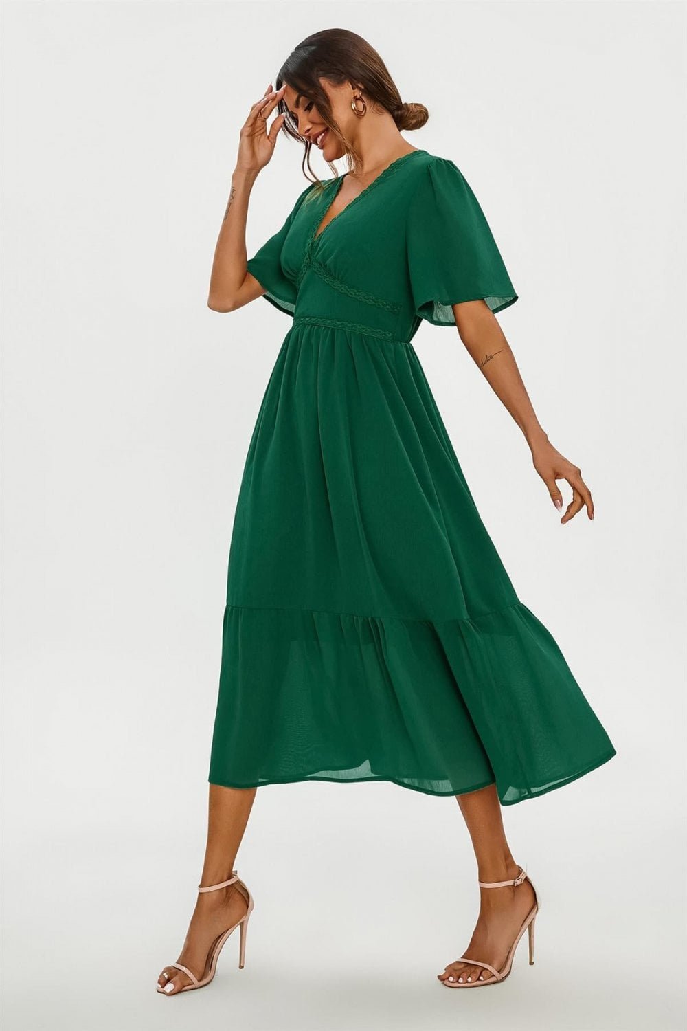 Image of Lace Trim Deep V Neck Angel Sleeve Midi Dress In Green