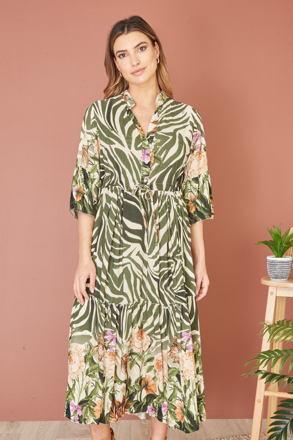 Image of Yumi Green Viscose Zebra And Floral Print Midi Dress