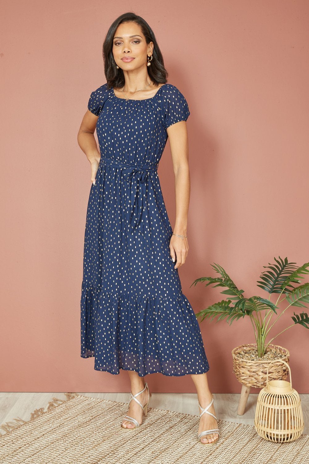 Image of Mela Navy Foil Print Bardot Midi Dress